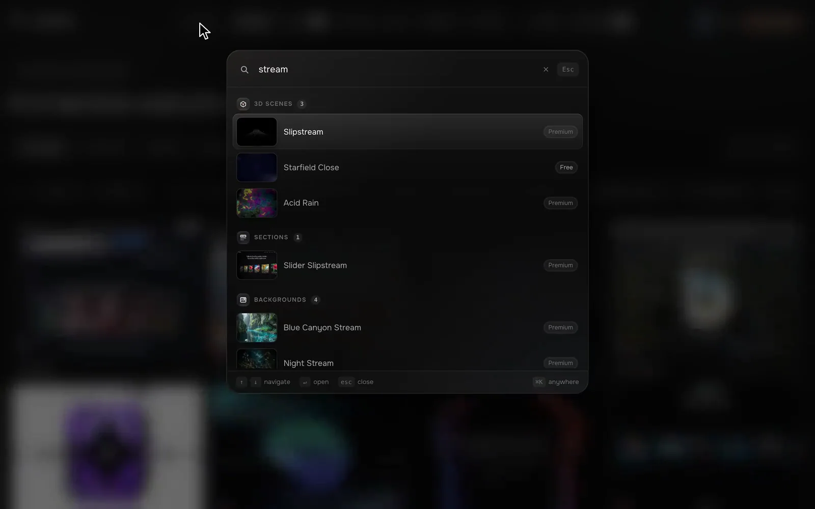 One search across the library, then the Relay template previewed on desktop, laptop and phone.
